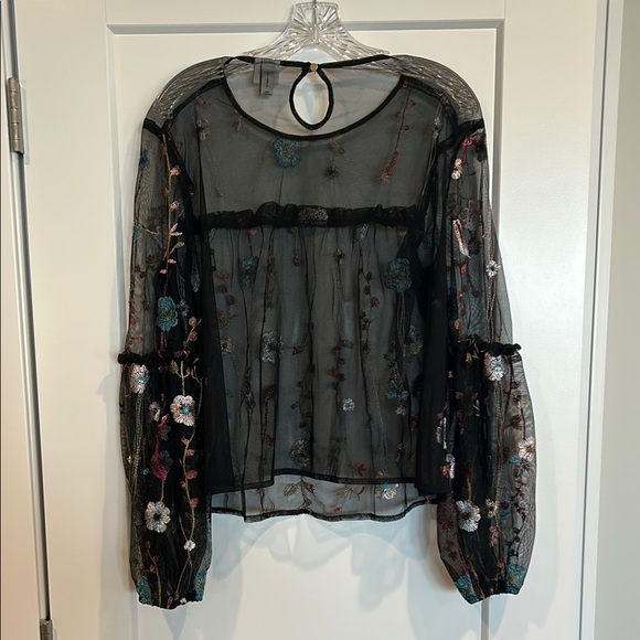 A New Day Black and floral Sheer Embellished Bishop Sleeve Blouse. Size L. - Picture 3 of 3